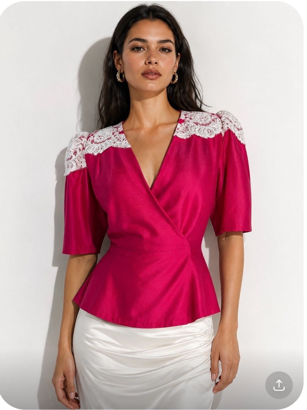 VINTAGE WATTERS & WATTERS Fuchsia Lace-Shoulder Wrap Peplum Top Size S/M